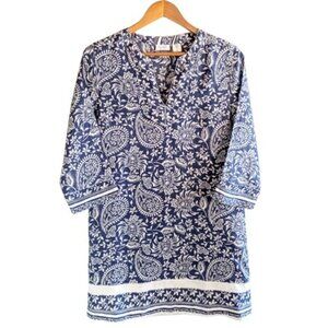 Sigrid Olsen Blue White Paisley Floral Linen Mini Dress